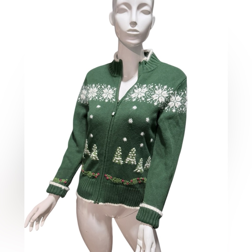 Vintage Green winter‎ zip cardigan Sweater trees wool ramie rabbit fur trim XS